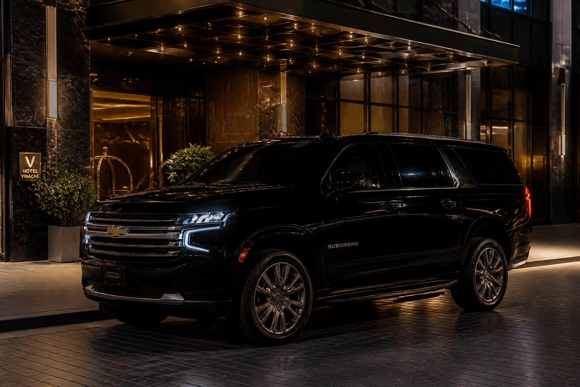 Black Chevrolet Suburban at a luxury hotel entrance